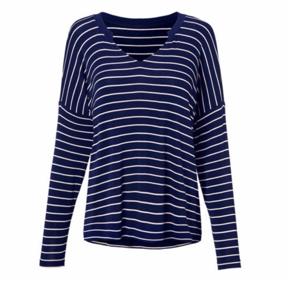 Cabi Ahoy Tee Navy & White Striped V Neck Long Sleeve Casual Nautical Top - S - Picture 2 of 6